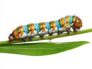 Colorful Caterpillar Macro on Green Leaf Isolated on White Background