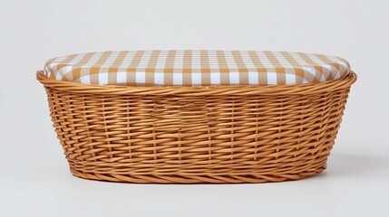 Empty Wicker Picnic Basket with White Cloth in Soft Natural Light, Minimal Rustic Lifestyle Concept