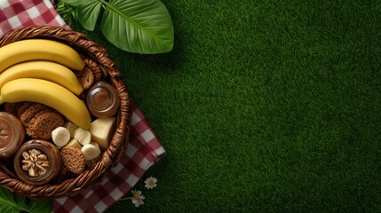 Picnic Basket With Bananas Cookies And Snacks On Green Grass Background