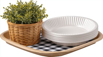 Disposable Paper Plates On Wooden Tray With Decorative Plant Isolated
