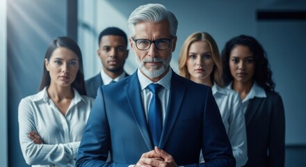 Obraz premium Diverse business team led by a senior man in a blue suit with sunlight streaming in.