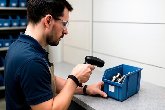 Warehouse worker scans barcode on blue parts bin for inventory management.