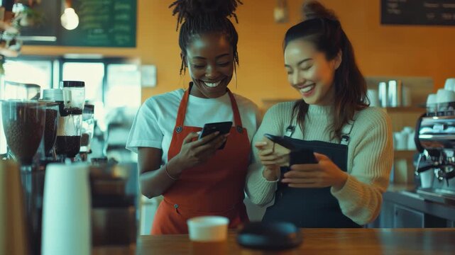 Cheerful African female barista serving coffee at a cozy cafe during a sunny afternoon, Cheerful african female barista bringing coffee to asian woman texting on cell phone in coffee shop
