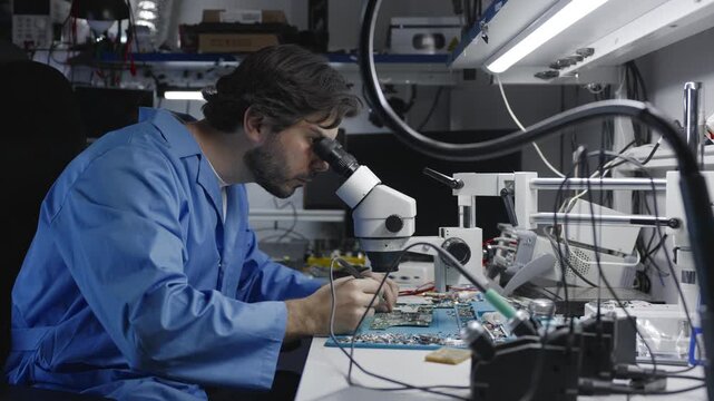 A man soldering technician in a blue lab coat repairs electronics and devices