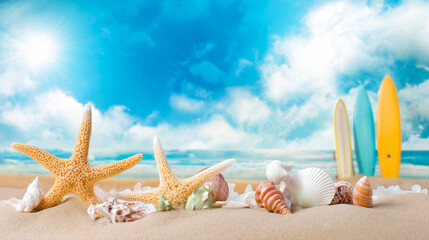Starfish and seashells rest on sandy beach with colorful surfboards and a bright blue sky in the background.