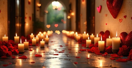 Romantic corridor filled with candles, rose petals. Hearts decorate walls, creating warm, intimate atmosphere. Soft light guides eyes forward.