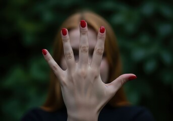Close Up of Hands Covering Face with Red Nail Polish