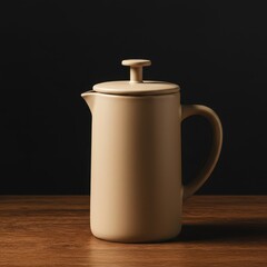 A stylish modern beige ceramic french press with a sturdy handle resting on a wooden surface, ready for making fresh morning coffee ,utensil ,home ,preparation