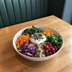 A vibrant, healthy grain bowl featuring fresh vegetables, seeds, and protein, expertly presented on a wooden table inside a cozy modern cafe setting, restaurant, organic, vibrant