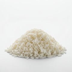 A visually striking and minimalist studio shot showcasing a mound of freshly prepared white rice against a seamless white backdrop ,macro, isolated, white