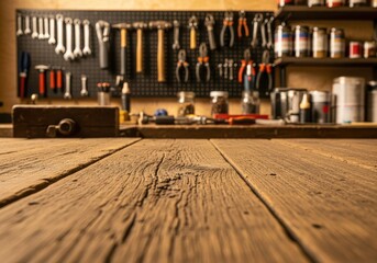 Close Up Wooden Workbench Surface With Tools And Containers Background