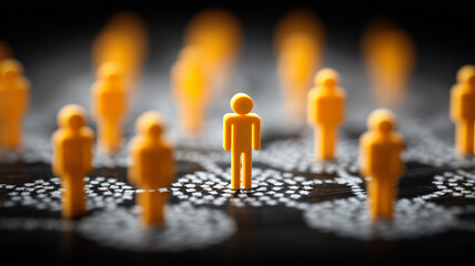 A highlighted central human figure among connected silhouettes representing leadership data segmentation audience targeting and strategic focus.
