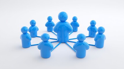 A group of blue plastic people figures connected by lines in a circular formation on a white background