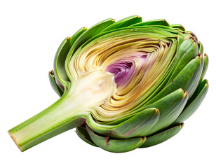 Artichoke sits on a plain surface revealing its layers and purple center during early afternoon in a kitchen setting