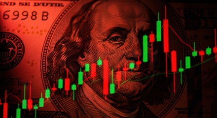Close up of a US hundred dollar bill with a financial stock market candlestick chart overlay.
