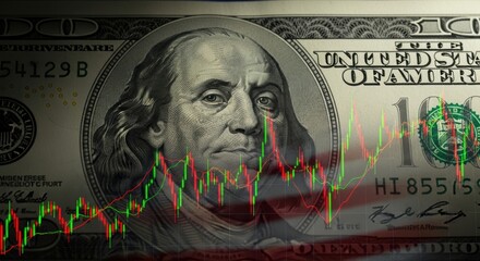 US hundred dollar bill overlaid with a stock market chart and subtle American flag.