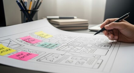 Close-up of a hand sketching a website wireframe with colorful sticky notes on paper.