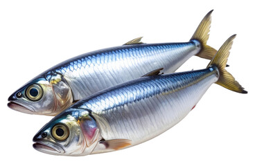 Two sardines are placed side by side on a white surface. The fish have shiny skin and large eyes. 