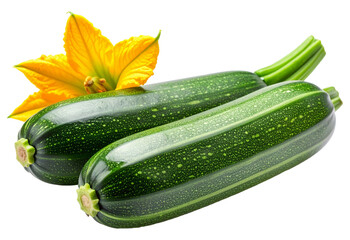 Fresh zucchini and yellow flower on a white background showing produce from a garden harvest