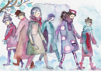 Hand Painted Watercolor Illustration of Figures Sharing a Quiet Moment