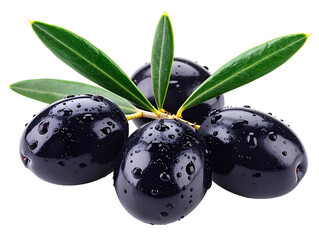 Black olives with leaves arranged on a white background showcasing freshness and quality