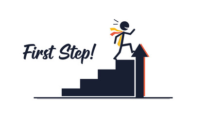 Obraz premium Motivational stick figure with a cape taking the first step up a staircase towards success and personal achievement.