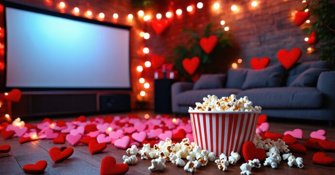 Cozy home cinema setup. Hearts, popcorn scattered around. Romantic mood with dimmed lights, sofa visible. Perfect date night scene.