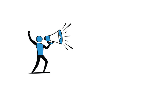 Energetic stick figure character shouting through a large blue megaphone to make an announcement or lead a protest.