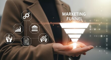 Woman displays marketing funnel with icons representing business growth and strategy. Warm lighting.