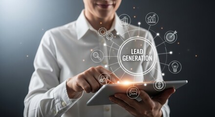 Woman using tablet with lead generation infographic. Business and marketing concept.