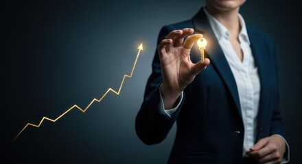 A woman in a suit holds a golden key with a rising growth chart behind her. Success concept.