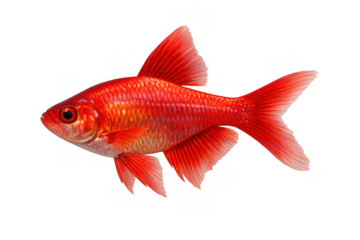 Rosy barb tropical aquarium fish swimming, showing bright red color on transparent background, freshwater aquatic pet