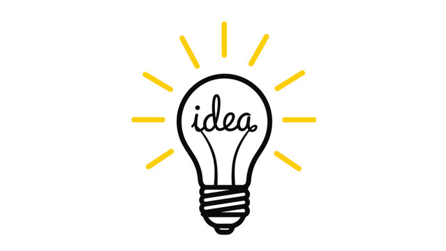 Creative light bulb illustration with the word idea written inside and yellow glowing rays to represent inspiration and new innovative thoughts.