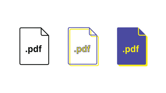 Three different styles of pdf file document icons ranging from simple outlines to solid blue graphics for website interface and data storage.