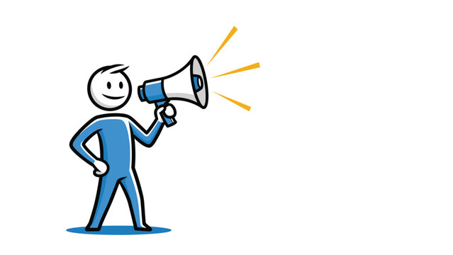 Motivated stick figure character using a blue megaphone to make a loud public announcement or marketing broadcast.