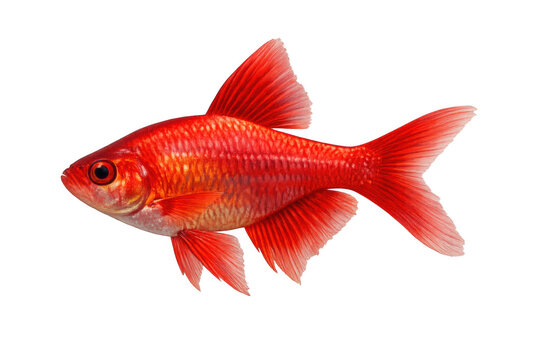 Rosy barb tropical aquarium fish swimming, showing bright red color on transparent background, freshwater aquatic pet