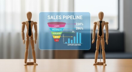 Two wooden mannequins stand on a desk, facing a projected digital sales pipeline funnel chart and bar graphs.