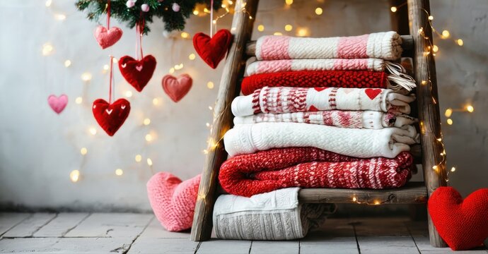 Cozy scene. Ladder displays folded blankets, hearts. Lights create warm festive atmosphere. Winter comfort, love, home decor.