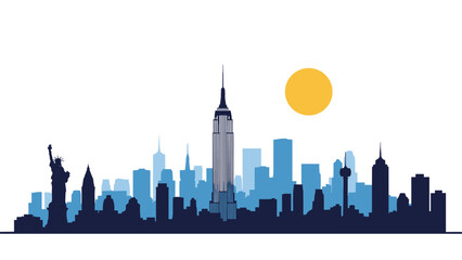Obraz premium Silhouette of the New York City skyline features iconic landmarks like the Statue of Liberty and Empire State Building under a bright sun.