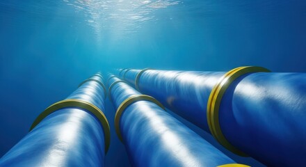 CloseUp View of Parallel Blue Industrial Pipes Underwater