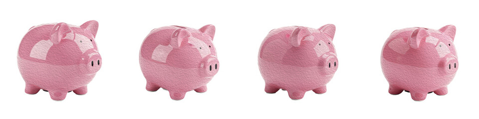 Set of four pink piggy banks in various angles isolated on white background oil paint png