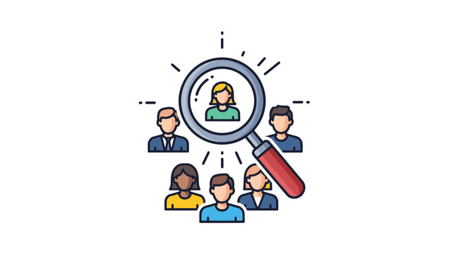 Recruitment concept shows a magnifying glass focusing on a woman within a diverse group of people to represent hiring and talent acquisition. - Powered by Adobe