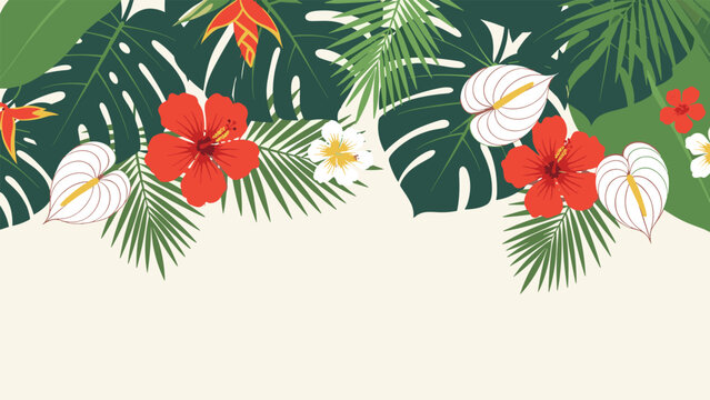 Lush tropical flower header featuring green palm leaves red hibiscus and white anthuriums creating a rich botanical background for summer themes.