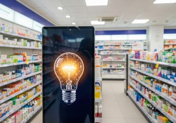 Digital Lightbulb Idea Concept in Bright Pharmacy Aisle