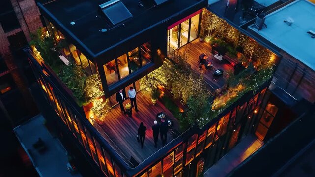 Rooftop terrace illuminated at night in Shoreditch, London showcasing urban lifestyle, Aerial rooftop view at night A10 Shoreditch London