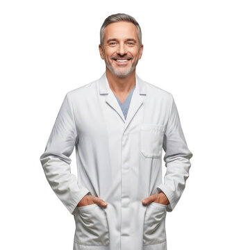 Smiling doctor in lab coat isolated on transparent background
