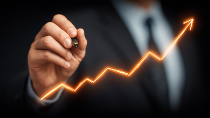 A hand drawing an upward trending line graph representing business growth financial planning and performance improvement.

