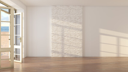 Fototapeta premium A Bright Empty Interior with Access to the Beach. Light Parquet Floors, White Walls, and a Central Brick Accent. Sun Rays Falling on the Stucco wall . 3D Illustration, Ultra HD 8K, 7680x4320, 300 dpi