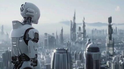 a white modern robot, the concept of cyberpunk and artificial intelligence, on a blurred background, a megalopolis city, skyscrapers, technologies of the future