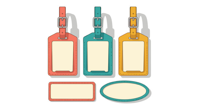 Colorful luggage tags provide travel identification and personalization for vacation, business trip, cruise, and transportation with rectangle and oval frames in vector illustratio.